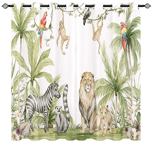 YUANZU Afrikanische Tier Vorhänge Safari Dschungel Löwe Zebra Affen Papageien Palmen Blumen Ösen Gardinen mit Blickdichte Vorhang Blackout Curtain Kinderzimmer Schlafzimmer 2 Stück, H 245 x B 200 cm