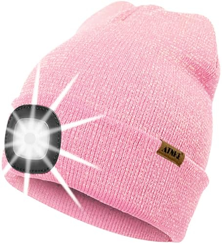 ATNKE LED Beleuchtete Mütze mit Licht,Wiederaufladbare USB 4 LED Beleuchtete Laufmütze Extrem Heller Lampe Winter Warme Stricken Mütze Technik Geschenke für Herren und Damen/Blended Pink Goldwire