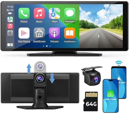 Aphqua 10.26 Inch Car Stereo for Apple Carplay & Android Auto, Car Play Screen with 2.5K Dash Cam Front and Rear, Loop Recording/GPS Navigation/Mirror Link/FM/AUX/Bluetooth/64G TF