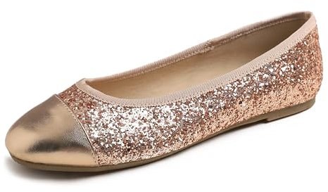 Feversole Women's Fashion Round Toe Ballet Flat,Ballerina a Punta Tonda per Donna Oro Rosa Glitter Puntale 40