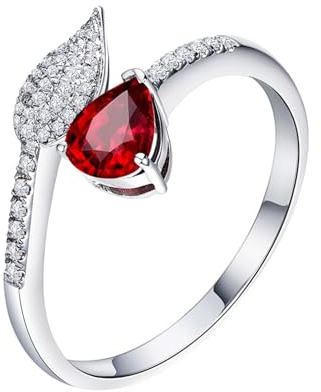 Verlobungsring Paar Damen, Ring mit Steinen Rundherum 18 Karat Weißgold Blätter Lab Rubin 0.42CT Rot Tropfenschliff VVS mit Diamant Natur Weiß