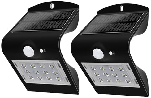 V-TAC Wandlampe Wandleuchte Hauswandleuchte Solarlampe Solarleuchte, IP44 Wetterfest Bewegungsmelder Akku, schwarz, LED 1,5W 220Lm neutralweiß, LxBxT 14,5x9,6x7,9cm, 2er Set