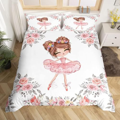Girls Ballet Bedding Set Single Size for Kids, Ballerina Duvet Cover Bedroom Decor Cute Little Dancer Comforter Cover Girly Rose Flowers Print Bedspread Cover, Pink White Gray, 1 Pillowcase