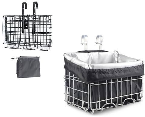 MEGHNA Fahrradkorb aus Metall, vorne, abnehmbar, höhenverstellbar, Eisen, Lenkerkorb, hinten, faltbar, mit Innenfutter, wasserdicht, Silber
