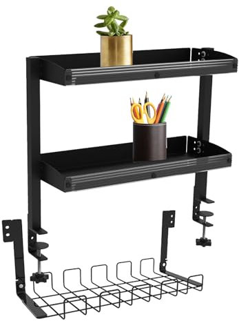 Clamp-on Desk Shelf with Adjustable Storage Tray, Clip-on Desktop or Under-Desk 2-Tier Shelving Unit for Desktop Accessories, Office Organization, Gaming