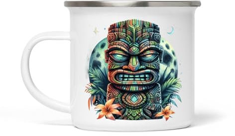 Vintage Tiki Weiße Emaille Tasse - 354 ml, langlebig und elegant, Ideal für Kaffee, Tee und heiße Getränke