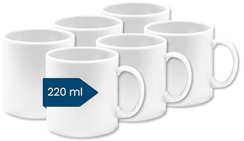 Plastic Coffee Cups (Set of 6, Small, White, 220 ml) - Plastic Cups with Handle for Camping - Drinking Cups Children and Seniors (Reusable - BPA Free - Dishwasher Safe - for Microwave)