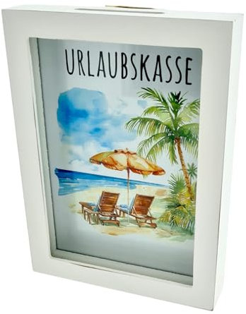 WB wohn trends Spardose Geldgeschenk, Urlaubskasse Strand Meer, 19,5x14,5x3cm, Holz weiß, im Bilderrahmen