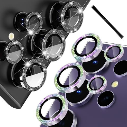 2Pcs Kompatibel mit Samsung Galaxy S24 Ultra Kameraschutz S24 Ultra Kamera Schutzglas Ultra-HD 9H Gehärtetes Glas linsenschutz Anti-Kratzen Rückseite Kamera Schutz Zubehör (Glitter Colorful+Schwarz)