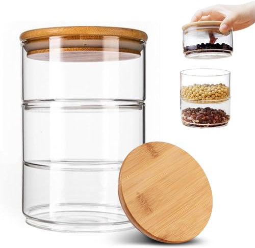 Umllpet Vorratsdosen Glas Set, Stapelbare Aufbewahrung Luftdicht Vorratsgläser, Bambusdeckel Spice Jars, Grosse Glasbehälter Gewürzgläser Aufbewahrungsgläser Küche für Gewürze, Müsli, Kaffeebohnen