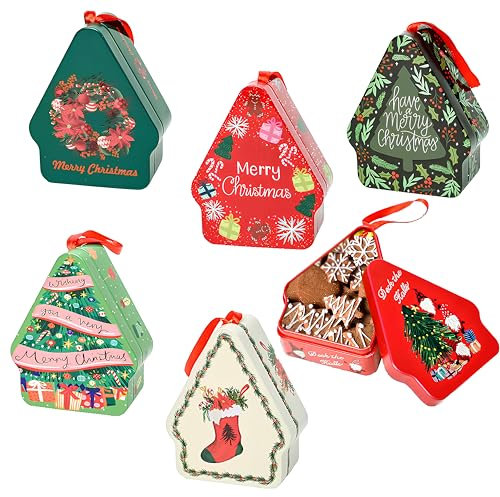 LWZko 6 Pezzi Scatola per Biscotti, Scatole Natalizie, Scatole per Dolcetti Natalizi, Natale Decorazioni Casa Tavola, Scatola Regalo Natale in Metallo, di Piccoli Regali Natalizi, Multicolore
