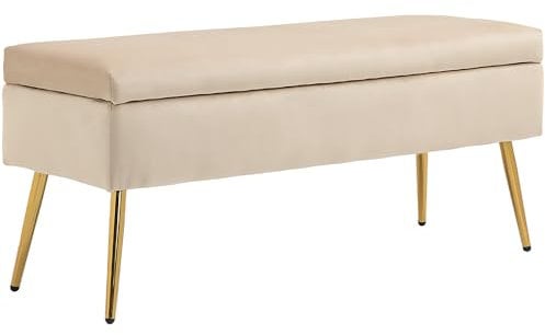 HOMCOM Banc Coffre Rangement 2 en 1 Banquette en Velours Banc de Rangement 30,5L avec Couvercle à charnière et Pieds en métal pour Couloir, Salon, Chambre - 102 x 35 x 43 cm, Beige
