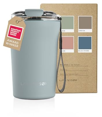 LARS NYSØM Mug Isotherme Cafe to-go avec sangle et couvercle en tritan 380ml | Tasse de voyage 0.38 litre avec isolation | Tasse thermique étanche en acier inoxydable (Sky Blue, 380ml)