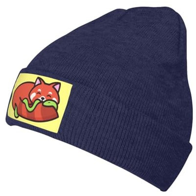 Oudrspo Marineblaue süße Beanie-Mütze mit Fuchs-Motiv für Herren und Damen, warm, gestrickt, mit Bündchen