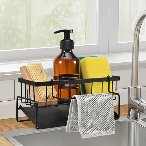 Organizador para Fregadero de Cocina, Estante de Almacenamiento para Fregadero de Acero Inoxidable con Bandeja de Drenaje automático, toallero, Caja de Almacenamiento para esponjas, Toallas, Negro