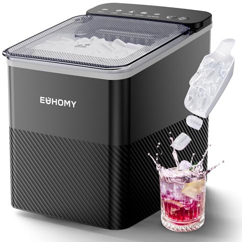 EUHOMY Countertop Ice Maker, One-Touch Control, 9 Cubes 2 Sizes, Produces 12kg/24h, Automatic Cleaning, Smart Reminders, Transparent Lid, Black, Suitable for Office/Kitchen/Bedroom/Living Room/Bar