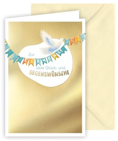 KE - Elegante Karte zur Firmung, Glückwunschkarte, mit Umschlag, vanille, Motiv: Taube, Wimpelkette, Goldprägung, Format: B6 - Segenswünsche