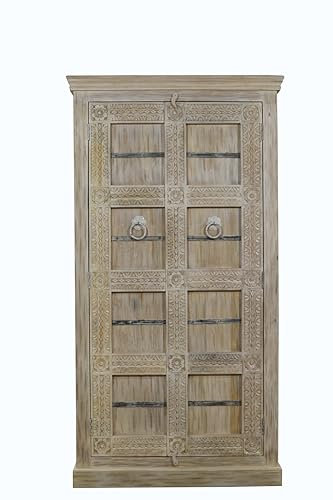 Oak and Pine Online Heritage Solid Mango Hand Carved Rustic Tall Large Distressed Indian Bookcase Display Cabinet Cupboard Plate Rack