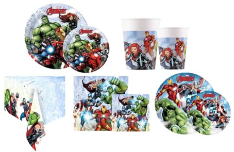 Kit Compleanno Avengers 113pz (24 piatti 23cm, 24 piatti 20cm, 40 tovaglioli, 24 bicchieri, 1 tovaglia)