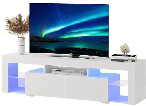 NEW LEADER LED TV Stand for 55 Inch TVs, Modern Center White TV Unit with Drawer and Shelves, High Gloss TV Cabinet Storage Gaming Entertainment Center, RGB LED Lighted Console Table for Living Room