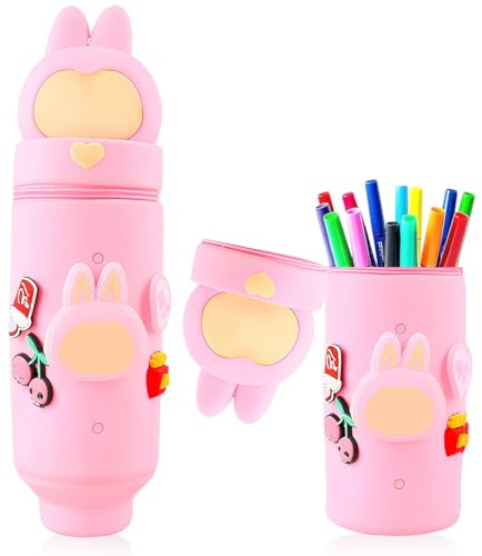 EIROVYA Kawaii Federmäppchen,2 in 1 Mäppchen aus Weichem Silikon,Rosa Hase mit Ohren,Teleskopisch Mäppchen,Ständer Schlampermäppchen,Tier Stifthalter,Cartoon Stifteköcher,Stand Up Federmäppchen(B)