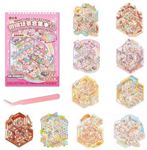 CHUANFU 10 Sets 3D House Stickers, Miniatur Haus DIY 3D Sticker Scene Book, Sticker Therapy mit 1 Pinzette, Miniature Cozy Kawaii Haus Aufkleber, Relief Stress für Erwachsene und Kinder