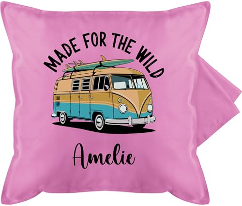 Kissenbezug - Camping Geschenk Made for the wild Camperbus mit Name I Retrobus Surfing Geschenk Oldtimer Van Geschenke Surfer - 50 x 50 cm - Pink - Kissen Campervan Camper campingfreund