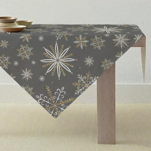 ViaElayu Tischdecke Weihnachten Weihnachtsdeko Klein Weihnachtstischdecke Mitteldecke 100x100 cm Grau Weihnachts Tischdeko mit Weiße und Gold Schneeflocken Abwaschbar Modern Winter Küche Tisch Deko