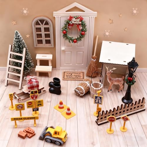 Wichteltür Zubehör Weihnachten Set,Wichtel Deko Holz Miniatur mit Baustelle | Wichtelhaus Bastelset Für Weihnachten,Wichteltür Komplettset für DIY-Weihnachtsdekoration zu Hause