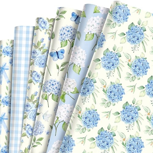 12 Sheets Blue Hydrangea Wrapping Paper Blue Hydrangea Gift Wrap Paper Blues and White Hydrangeas Gift Wrapping Papers Floral Art Papers for DIY Crafts Birthday Gift Packing Favors, 20x27 Inch