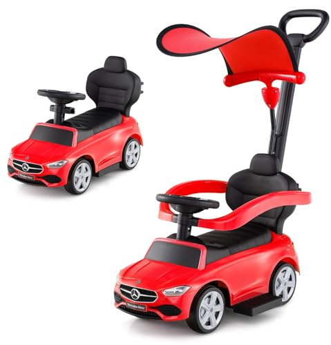 COSTWAY Coche Correpasillo 3 en 1 para Niños, Coche de Juguete con Barra de Empuje y Capota Ajustable, Coche con Pedal y Bocina para Niños de 18-36 Meses con Sonido (Rojo)