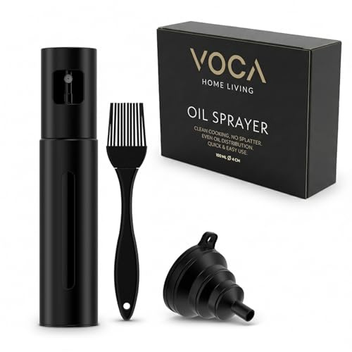 VOCA Ölspray aus hochwertigem Edelstahl – 100 ml Nachfüllbare Öl-Sprayflasche inkl. Trichter und Pinsel – Tropffrei & Feiner Nebel für präzise Dosierung– Für Olivenöl, Essig, Kochen, Salate, Grillen