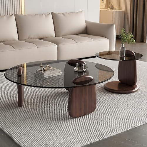 LIGUIEN Couchtisch Rund Glas, Tisch Wohnzimmer Modern, Tisch Wohnzimmer 2er Set Rund, Pieds En Bois Massif Pour Chambre À Coucher, Salle À Manger-Montage Facile(Brown-B,80+50cm/31+20in)