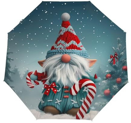 Helhappy Automatischer Regenschirm zum Öffnen/Schließen, kompakter Regenschirm, Weihnachten, Wichtel, Winter, Schnee, Wald, wasserdicht, leicht, zusammenklappbar, für Regen und Sonne, kompakt, tragbar