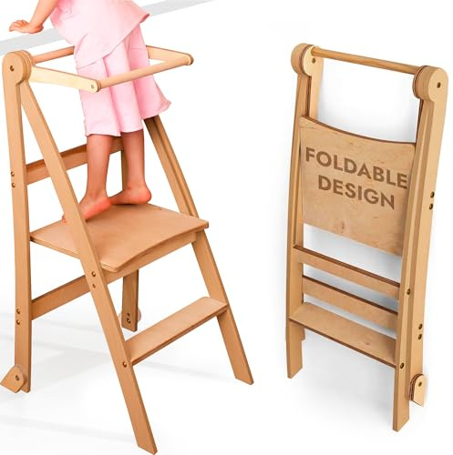 Goodevas Montessori Wooden Learning Ladder, Space-Saving, Folding Learning Ladder, Stool for Children, Foldable Children's Stairs, Learning Ladder with Tilt Protection