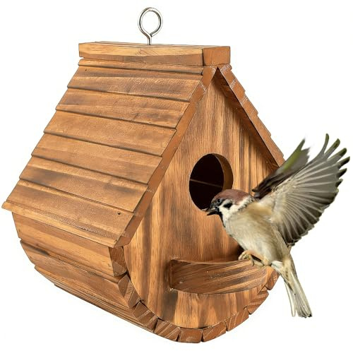 SKIKHN Wooden Bird House, Outdoor Hanging Birdhouse for Small Wild Birds, Bird Nesting Box for Any Size Garden Outdoors Tree, Nest Box Bird House for Robin Finch Throstle or Medium Size Birds