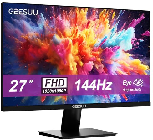 GEESUU Monitor PC 27 Pollici, Schermo Gaming 144hz, Monitores con Audio Integrato, Full HD, 1080p, 6ms, HDR, Eye-Friendly, VESA 75x75mm, 99% sRGB, HDMI 2.0 & DP 1.2