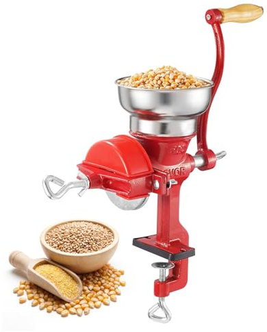 VEVOR Manual Grain Mill with Low Funnel, Hand Crank Corn Grinder, Heavy Duty Cast Iron Wheat Grinder with Stable Table Clamp and Dust Cover for Cereals, Spices, Coffee Beans, Nuts