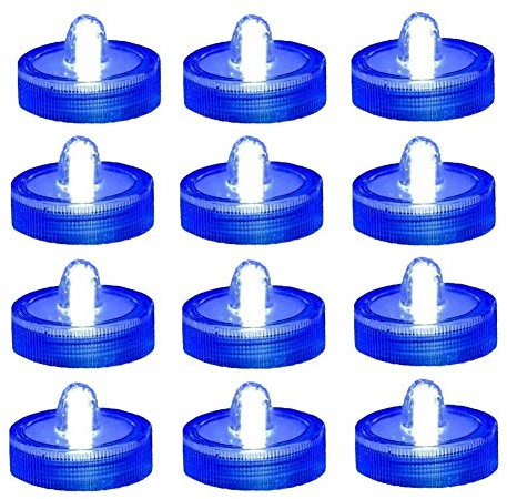 Bright LED Battery Operated Flameless Tea Light, Submersible Tea Candle Waterproof Decorations Underwater Vase Light for Party and Wedding, Pack of 12, Blue
