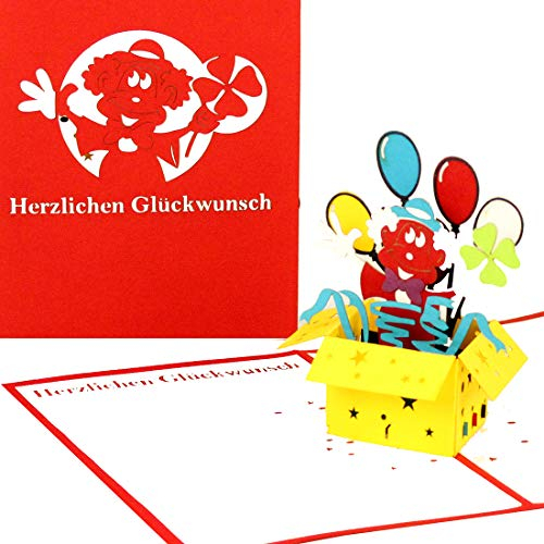 3D Geburtstagskarte Clown mit Luftballons“ - lustige Pop Up Karte als Geschenkidee – Glückwunschkarte, Geschenk, Geschenkverpackung & Zirkus Gutschein zum Geburtstag