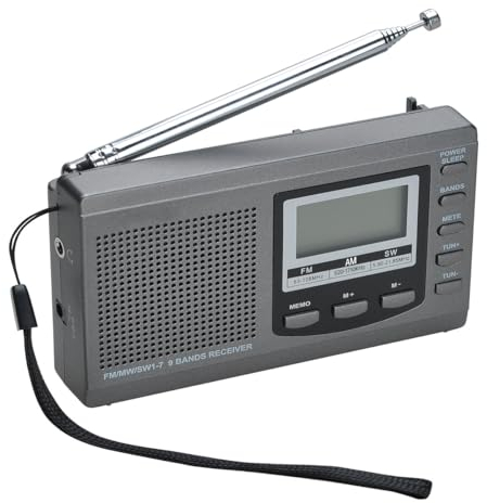 COVVY AM/FM / SW1-7 Tragbarer 9-Band-Radioempfänger mit Lautsprechern und Kopfhörern, ausgezeichneter Empfangszeitanzeige, Alarm, Schlaftimer, Batteriebetrieb (1032-GY)