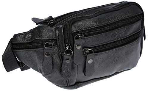 Christian Wippermann Bauchtasche Herren Leder - Hochwertige Echt Leder Bauchtasche 24x12x6-8 cm - 3 Reißverschlussfächer, Großes Hauptfach - Verstellbarer Riemen 85 cm - Ideal für Herren/Damen Schwarz