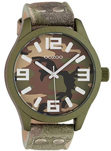 Oozoo Armbanduhr Basic Line mit Lederband 47 MM Dunkelgrün/Camouflage C1067