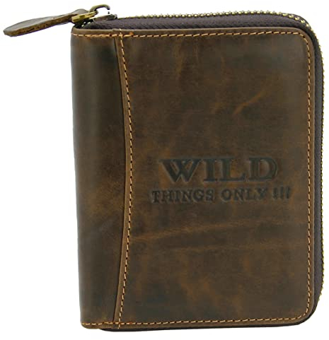 WILD THINGS ONLY !!! Portafoglio uomo in pelle - protezione RFID - chiusura con zip - con scatola regalo - Marrone