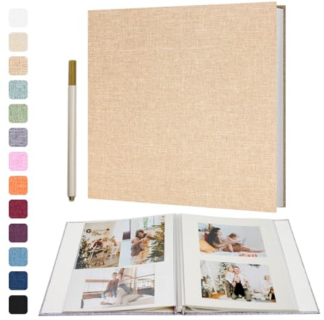 Vienrose Photo Album Self Adhesive Book 40 Pages 33x32cm Khaki | Linen Cover, Scrapbook Album, 4X6 8X10 10X12 Photos, Metallic Pen, Wedding Baby Travel