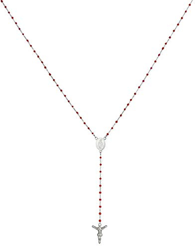 JewelryWe Schmuck Halskette Damen Jesus Kreuz Kruzifix Edelstahl Anhänger mit Lange Rosenkranz Perlen Kette für Frauen Männer Ostern Geschenk Silber Rot