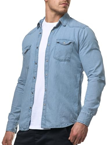 Indicode Herren Mike Hemd mit 2 Brust-Tasche aus Baumwolle | Herrenhemd für Männer Blue Wash, M