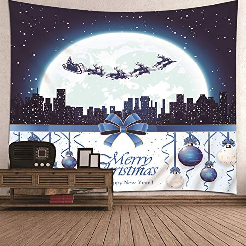 Banemi Chillout Wandteppich, Luna mit Frohe Weihnachten und EIN Glückliches Neues Jahr Weiß Dunkelblau Polyester Gobelin Kunden 200X200cm