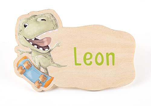 Personalisiertes Kinderzimmer Türschild 'Skaterdino' aus Holz, T-Rex Dino auf einem Skateboard, Kinder Namensschild, ca. 20 x 13,5 cm