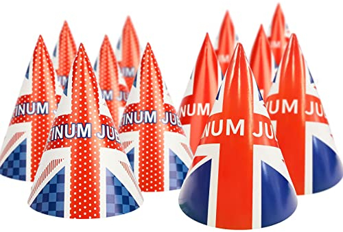 12 Union Jack Hüte, Union Jack Partyzubehör für 2022 Platinum Jubilee Dekorationen, Hüte mit Saiten, Partymützen für Erwachsene, Kinder, Hunde, Katzen (A+B)